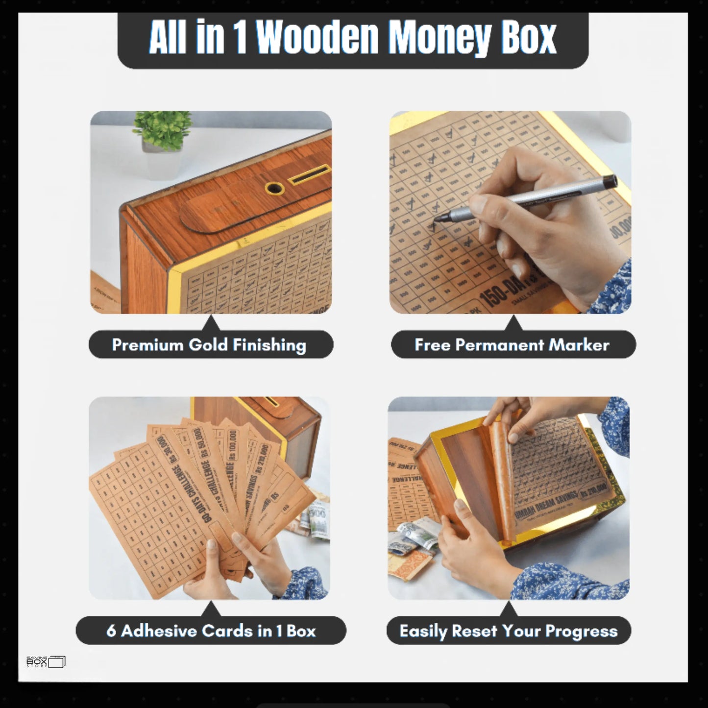 All in 1 – Reusable Wooden Money Saving Box (Openable)